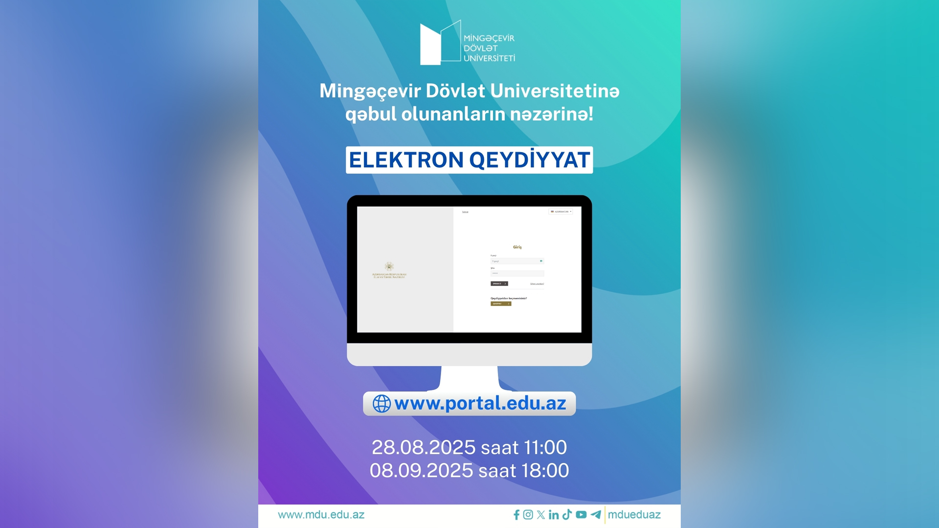 Вы сейчас просматриваете 2025/2026-CI TƏDRİS İLİNDƏ MİNGƏÇEVİR DÖVLƏT UNİVERSİTETİNƏ QƏBUL OLUNAN ABİTURİYENTLƏRİN NƏZƏRİNƏ!