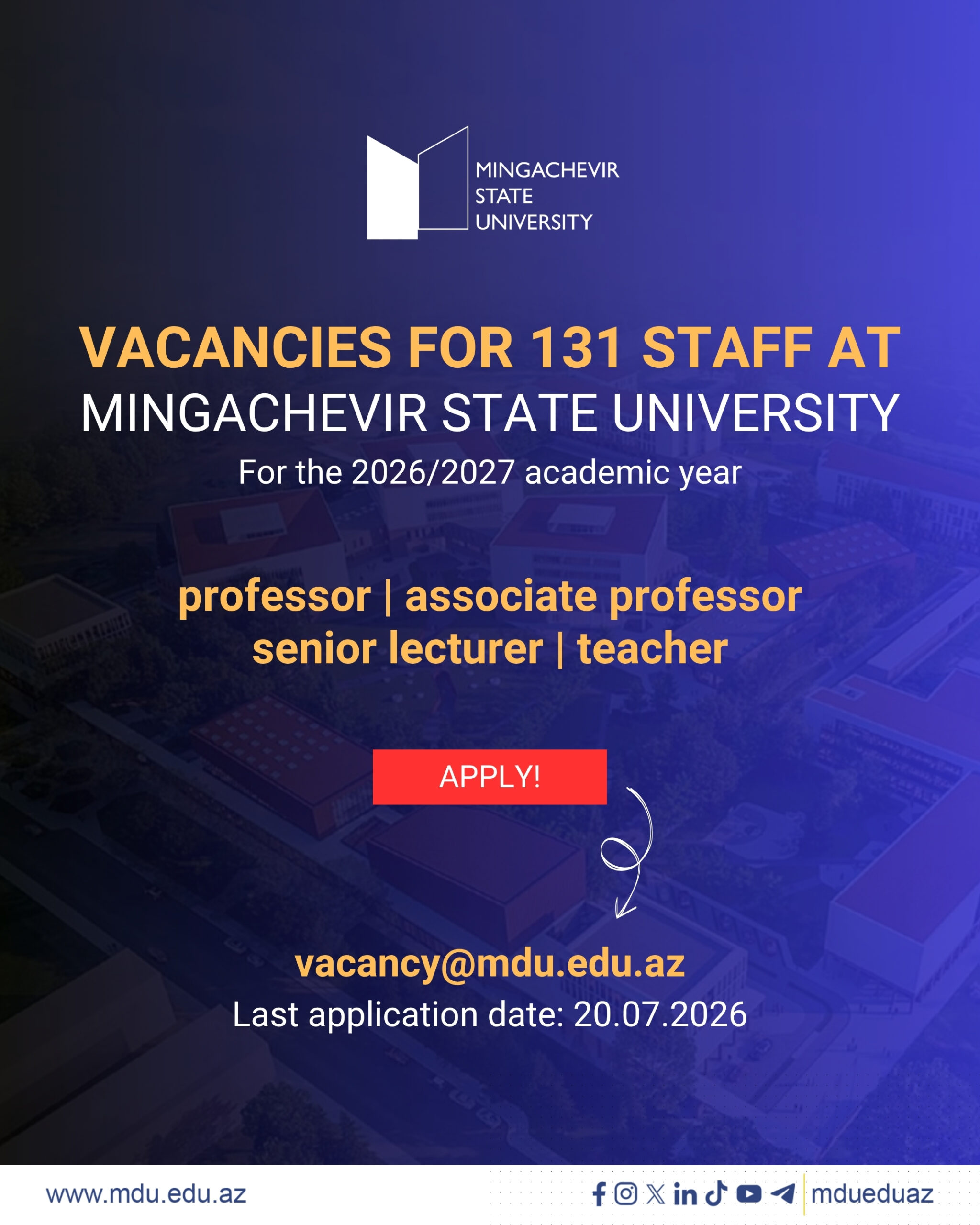 You are currently viewing Mingachevir State University announces 131 academic vacancies for professor, associate professor, senior lecturer and lecturer positions